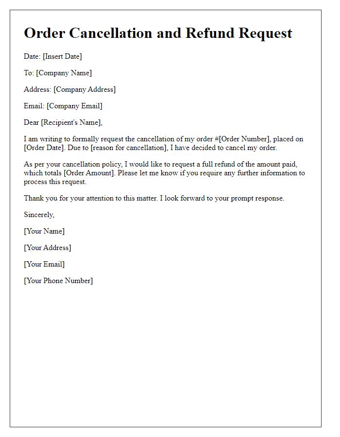 Letter template of order cancellation with refund request