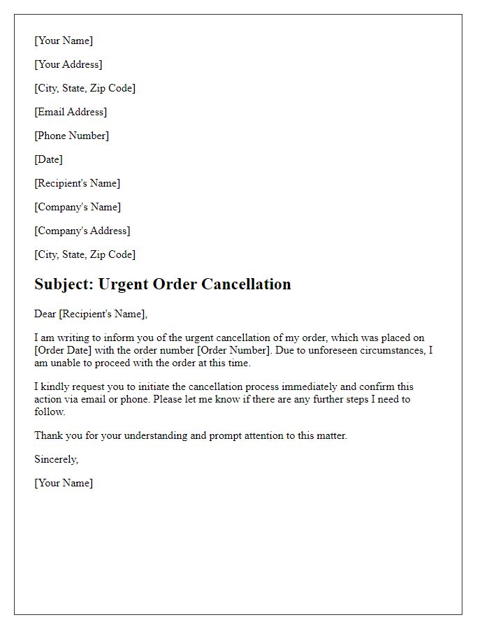 Letter template of urgent order cancellation