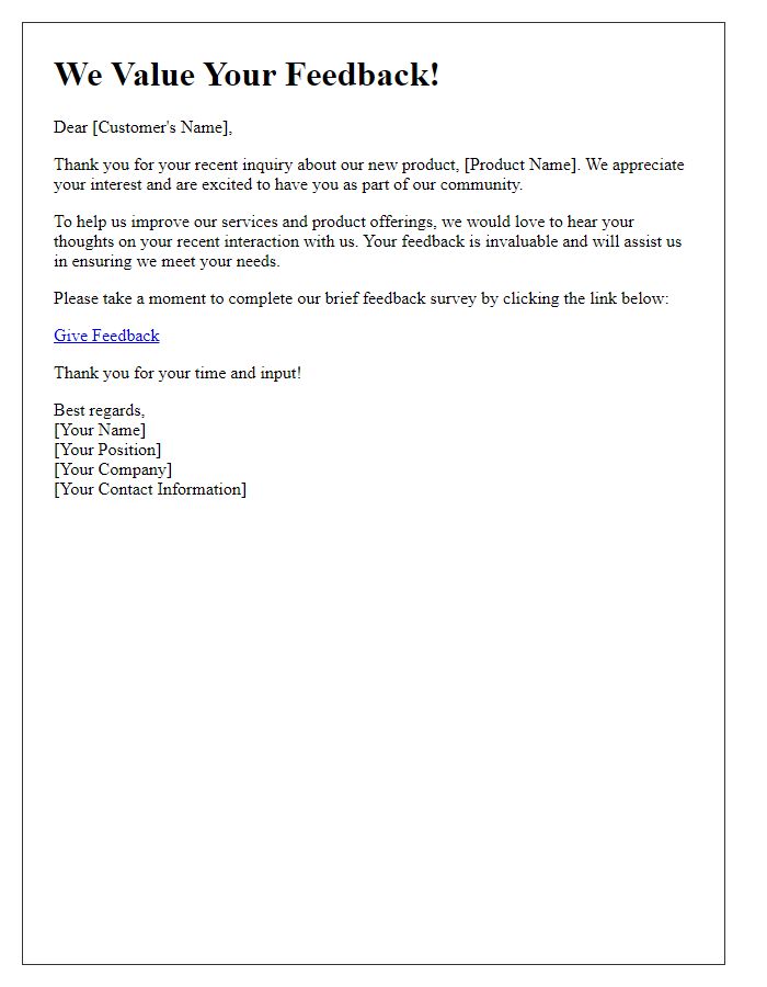 Letter template of feedback invitation after new product inquiry response.