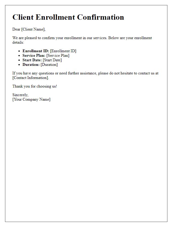 Letter template of client enrollment confirmation