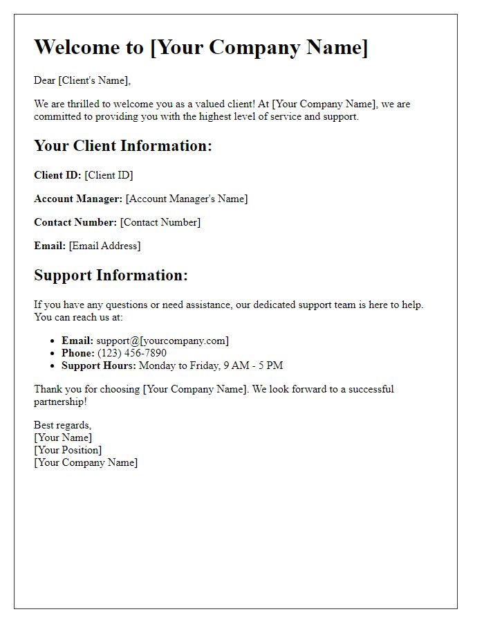 Letter template of client welcome and support information