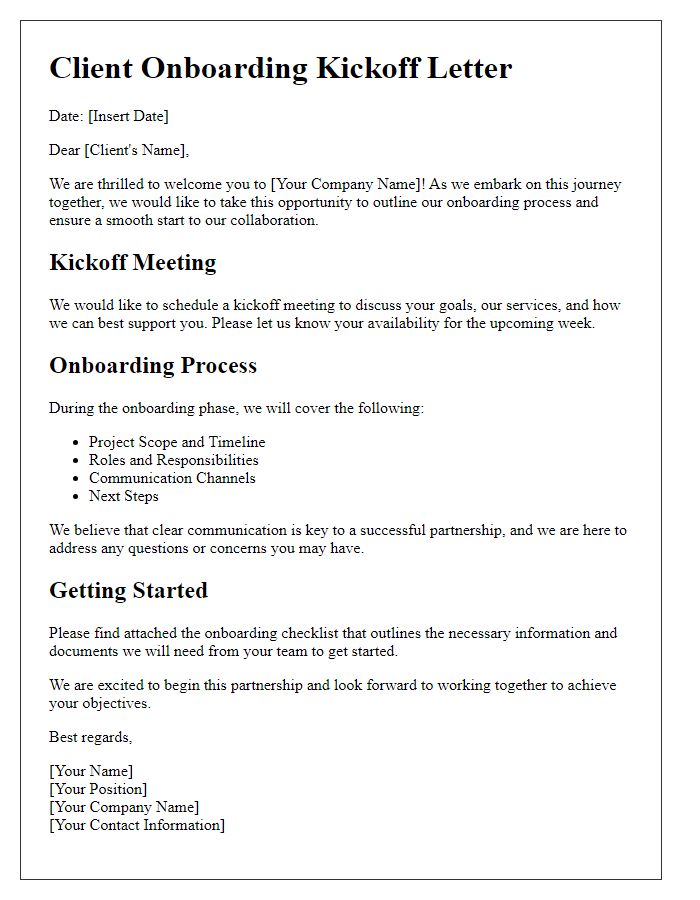 Letter template of kickoff letter for client onboarding