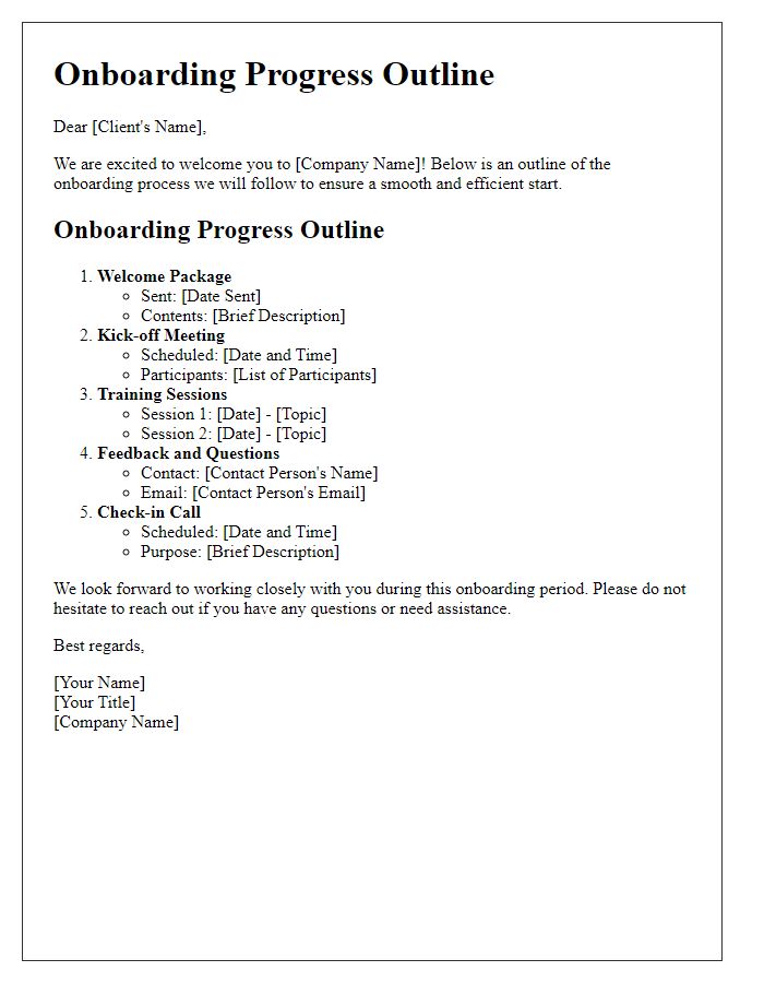 Letter template of onboarding progress outline for clients