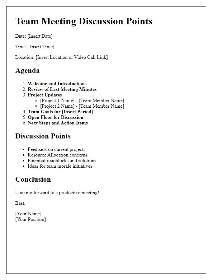 Letter template of internal discussion points for team meeting