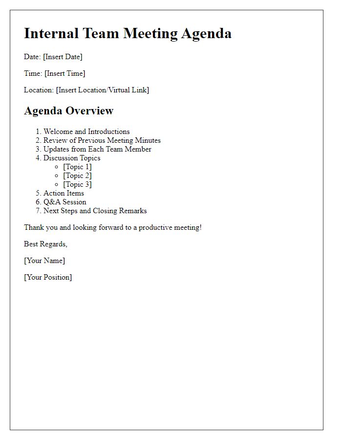 Letter template of internal team meeting agenda overview