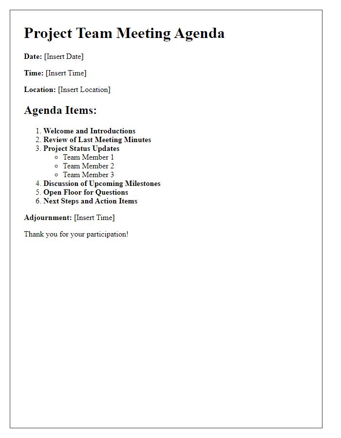 Letter template of project team meeting agenda