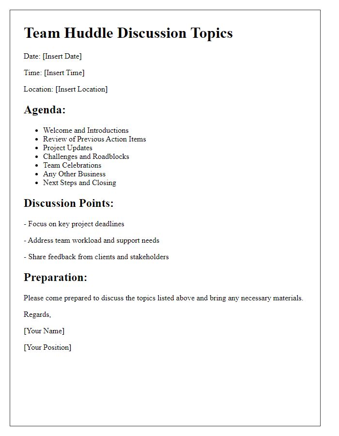 Letter template of team huddle discussion topics