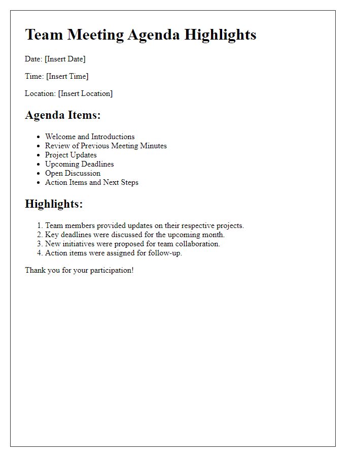 Letter template of team meeting agenda highlights