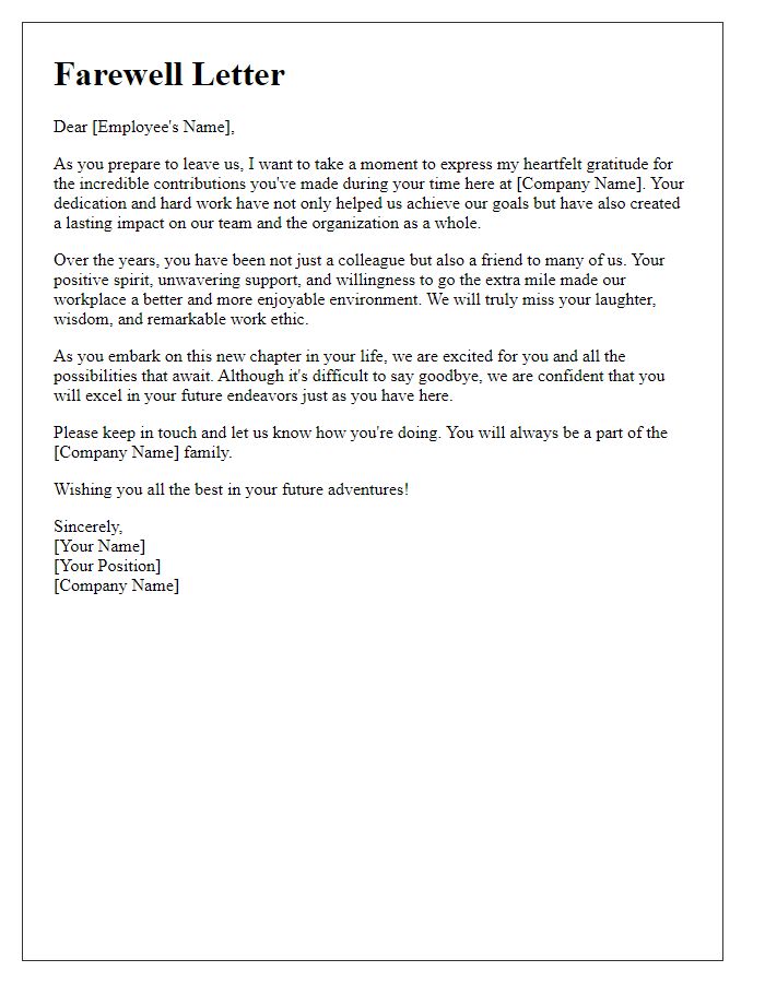 Letter template of emotional farewell letter for a long-term employee