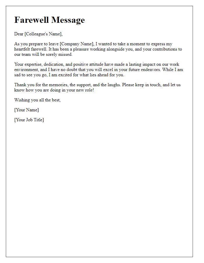 Letter template of professional farewell message for a colleague leaving the company