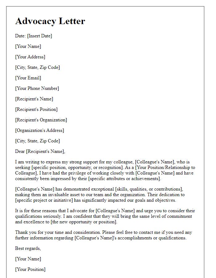 Letter template of advocacy letter for colleague