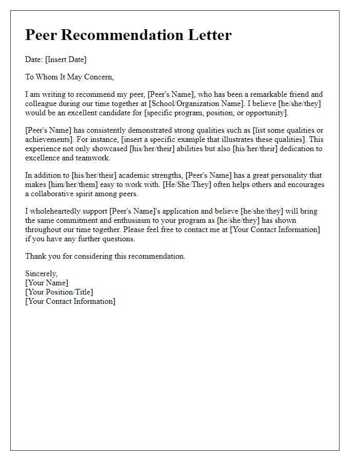 Letter template of peer recommendation letter