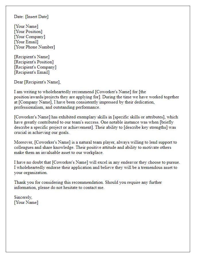 Letter template of performance recommendation for coworker