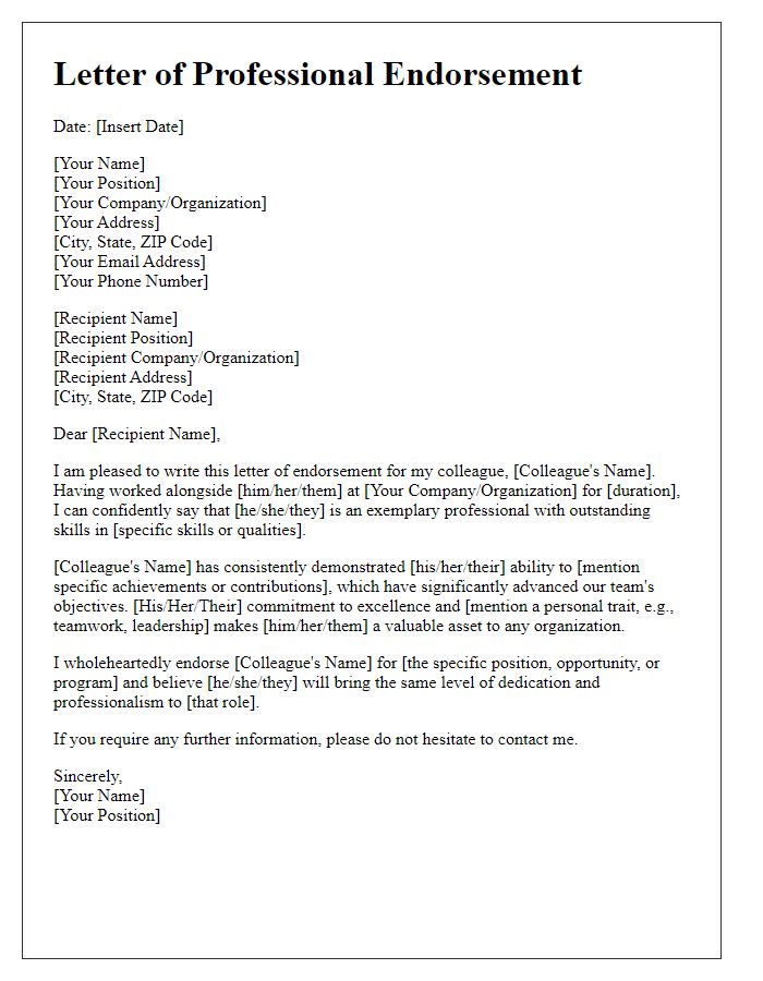 Letter template of professional endorsement for colleague