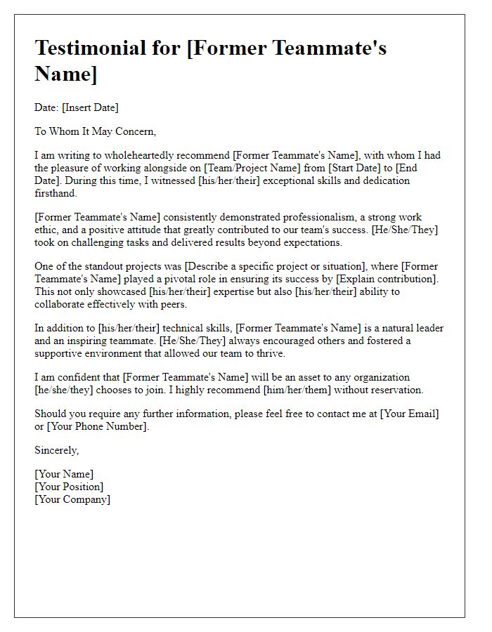 Letter template of testimonial for former teammate