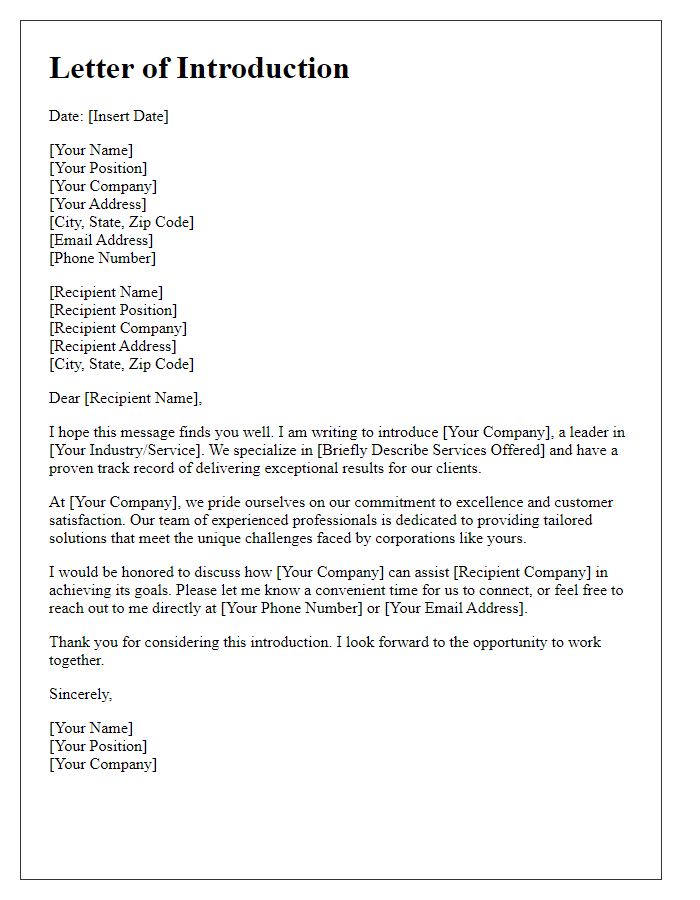 Letter template of Professional Service Introduction to Corporations