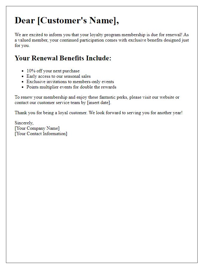 Letter template of loyalty program renewal benefits