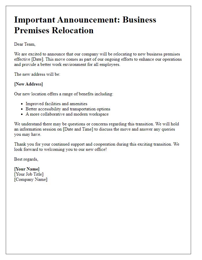 Letter template of business premises relocation announcement to employees