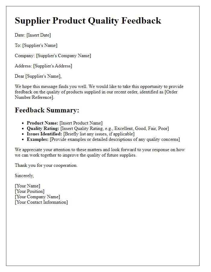 Letter template of Supplier Product Quality Feedback