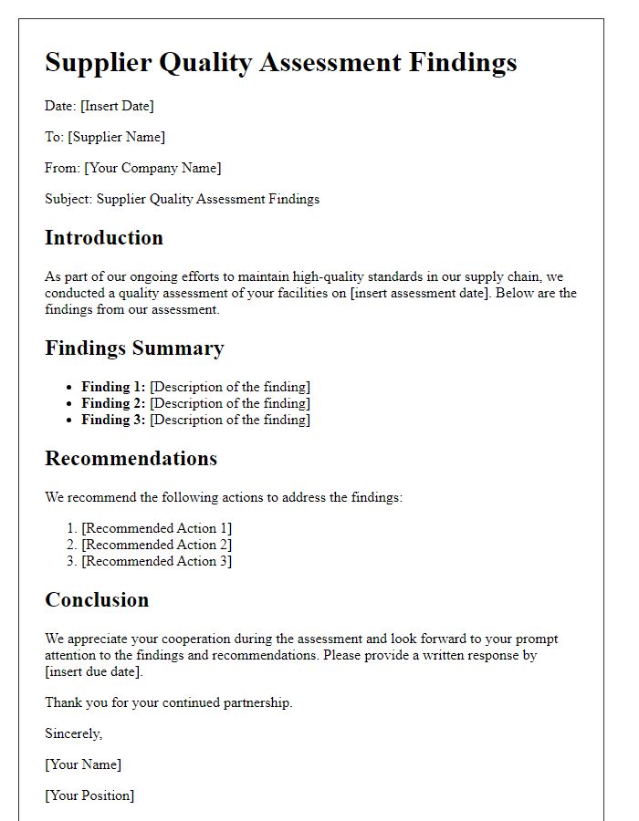 Letter template of Supplier Quality Assessment Findings