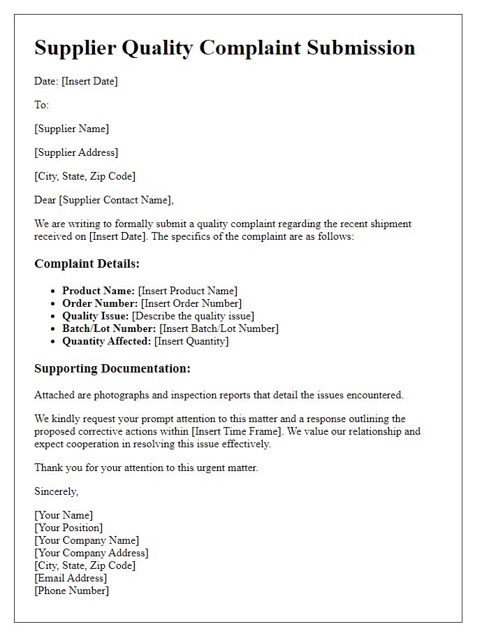 Letter template of Supplier Quality Complaint Submission