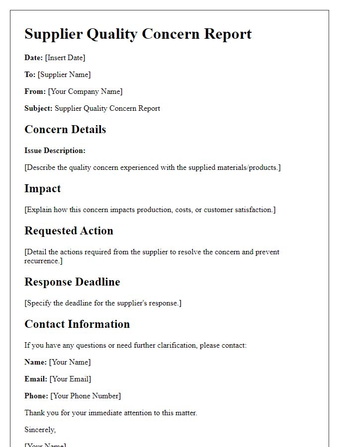 Letter template of Supplier Quality Concern Report