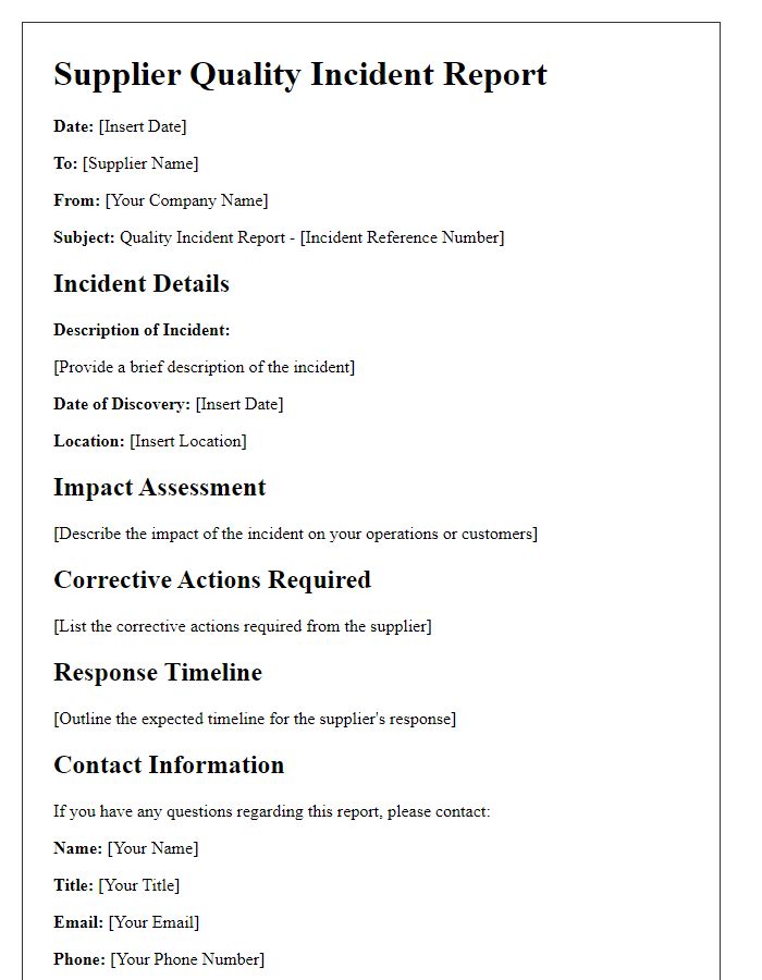 Letter template of Supplier Quality Incident Report