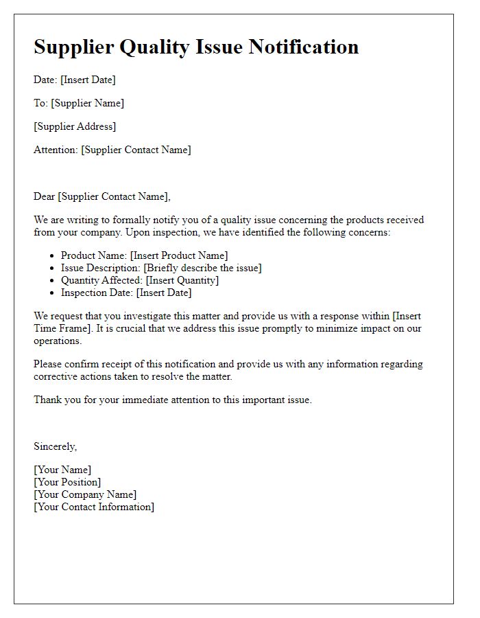 Letter template of Supplier Quality Issue Notification