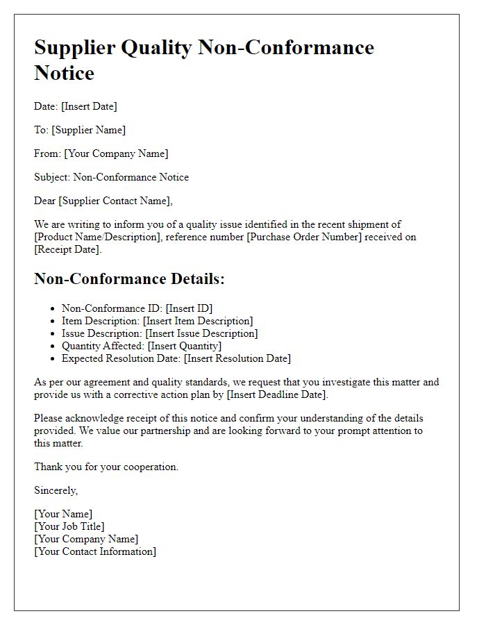 Letter template of Supplier Quality Non-Conformance Notice