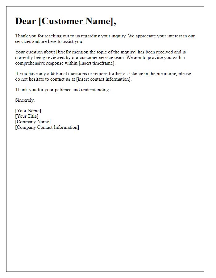 Letter template of Generic Customer Service Inquiry Response