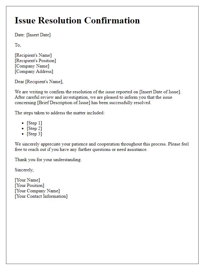 Letter template of Issue Resolution Confirmation
