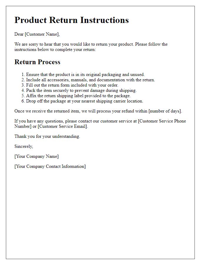 Letter template of Product Return Instructions