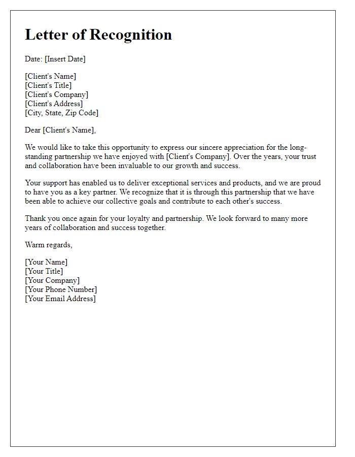 Letter template of recognition for long-standing client partnerships.