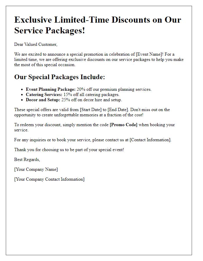 Letter template of limited-time service package discounts for special events