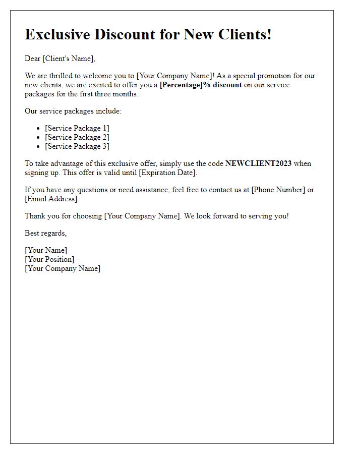 Letter template of promotional service package discounts for new clients