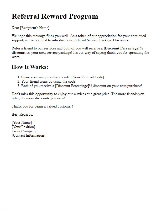 Letter template of referral service package discounts for recommending a friend