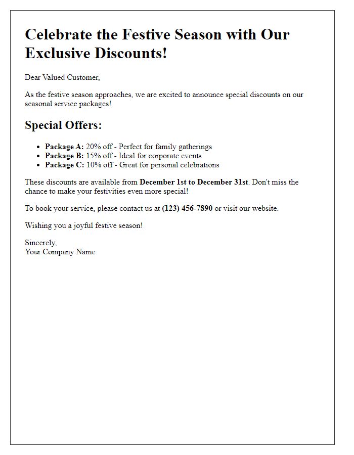 Letter template of seasonal service package discounts for festive occasions