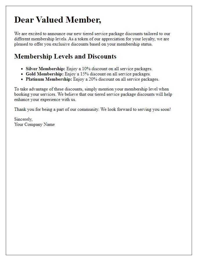 Letter template of tiered service package discounts for different membership levels