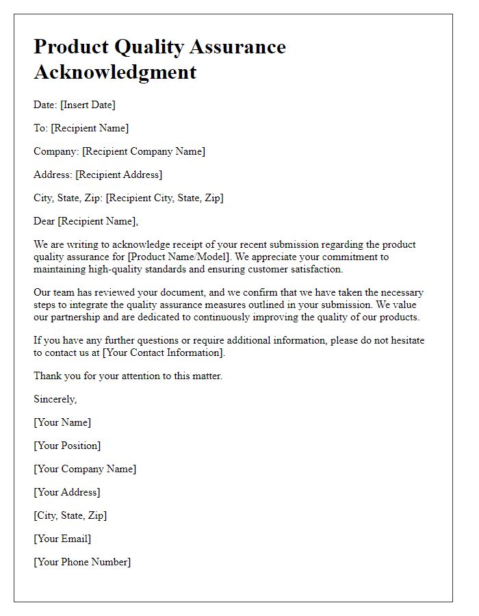 Letter template of product quality assurance acknowledgment