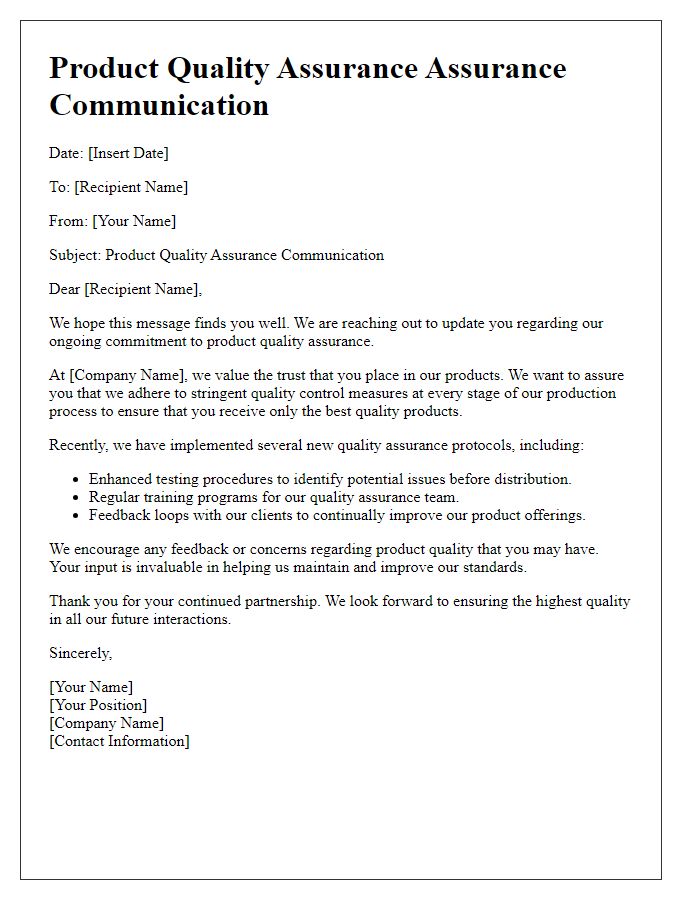 Letter template of product quality assurance communication