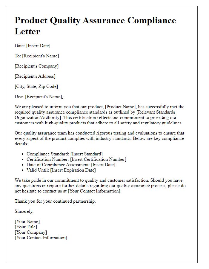 Letter template of product quality assurance compliance