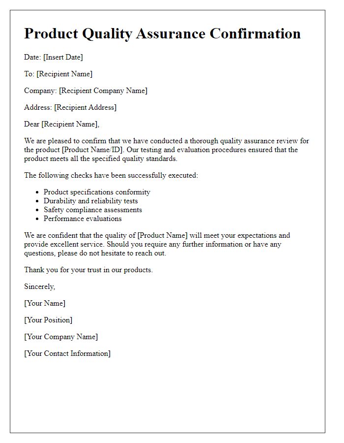 Letter template of product quality assurance confirmation