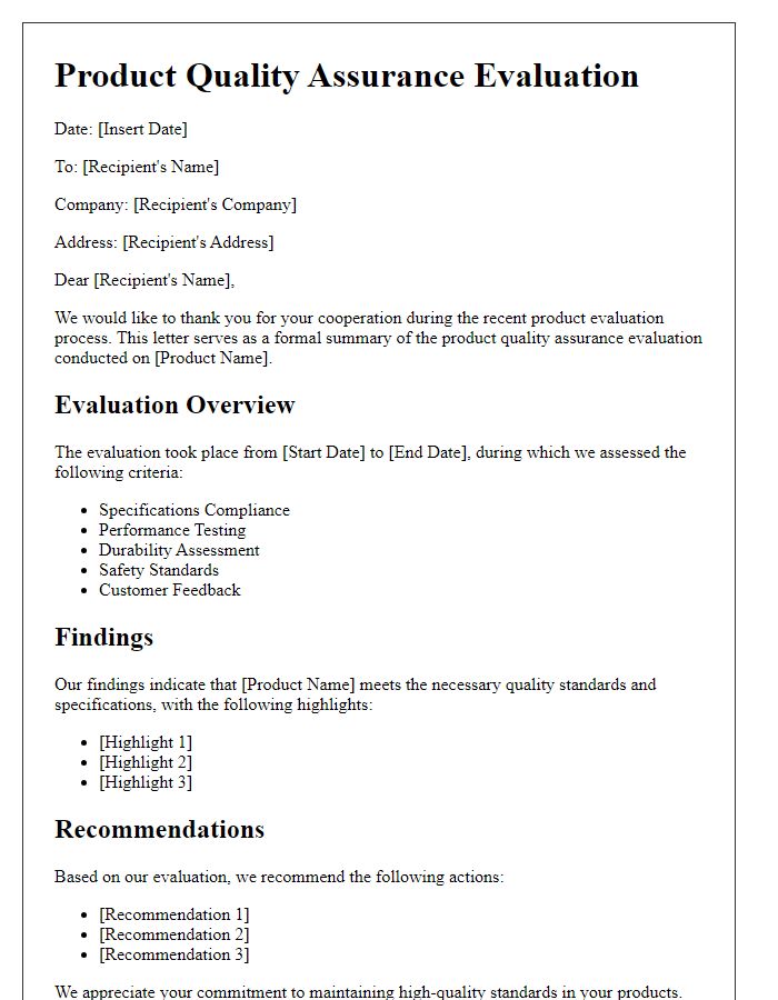 Letter template of product quality assurance evaluation