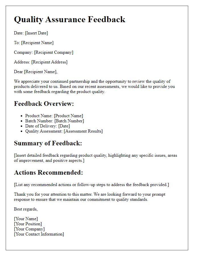 Letter template of product quality assurance feedback