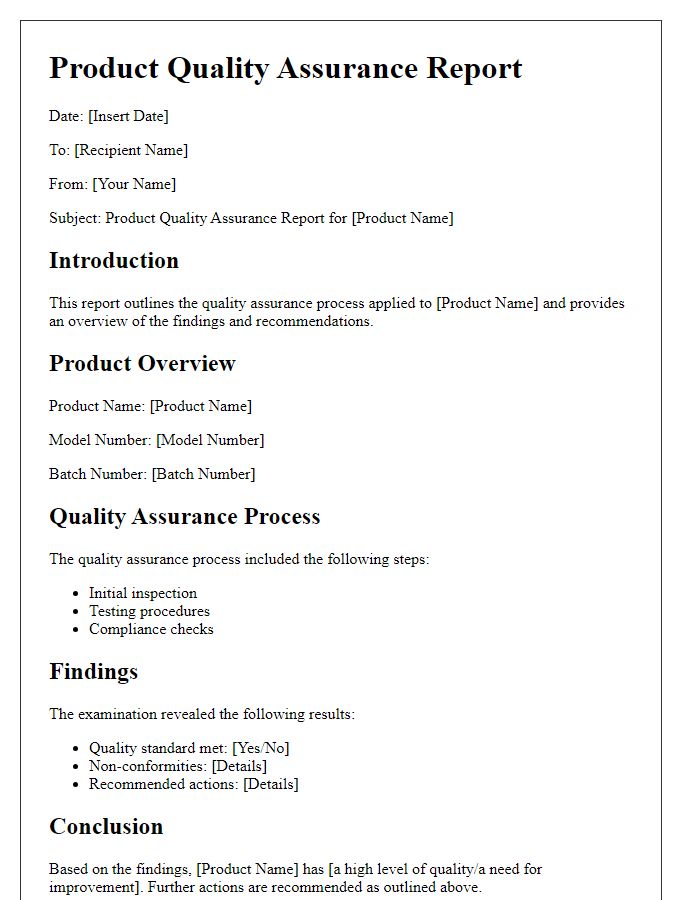 Letter template of product quality assurance report