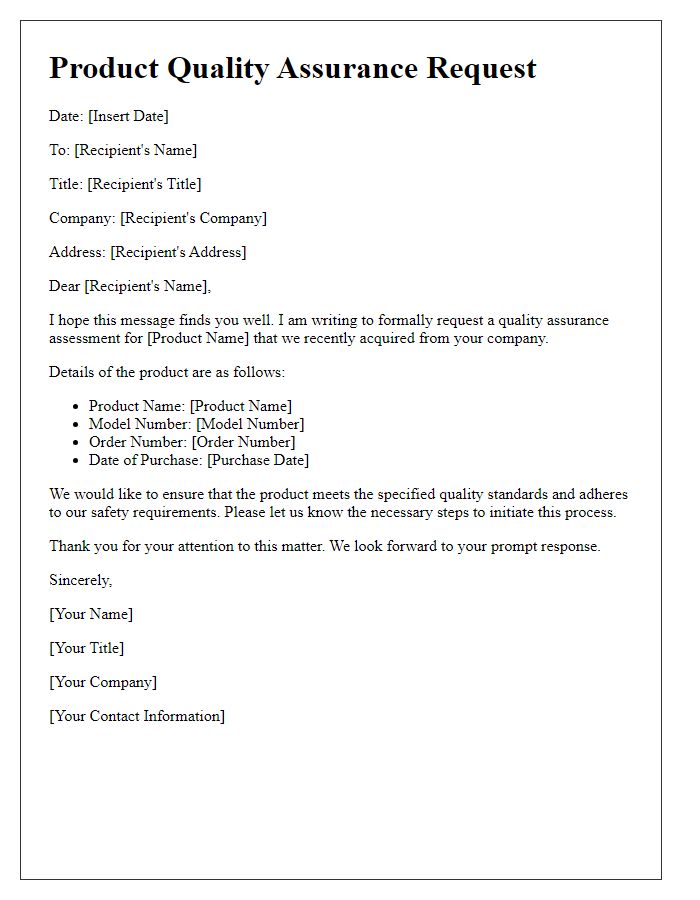 Letter template of product quality assurance request