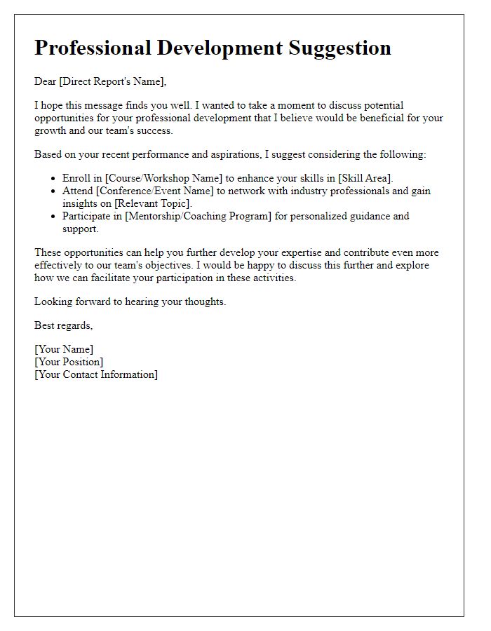 Letter template of suggestion for professional development for direct report.