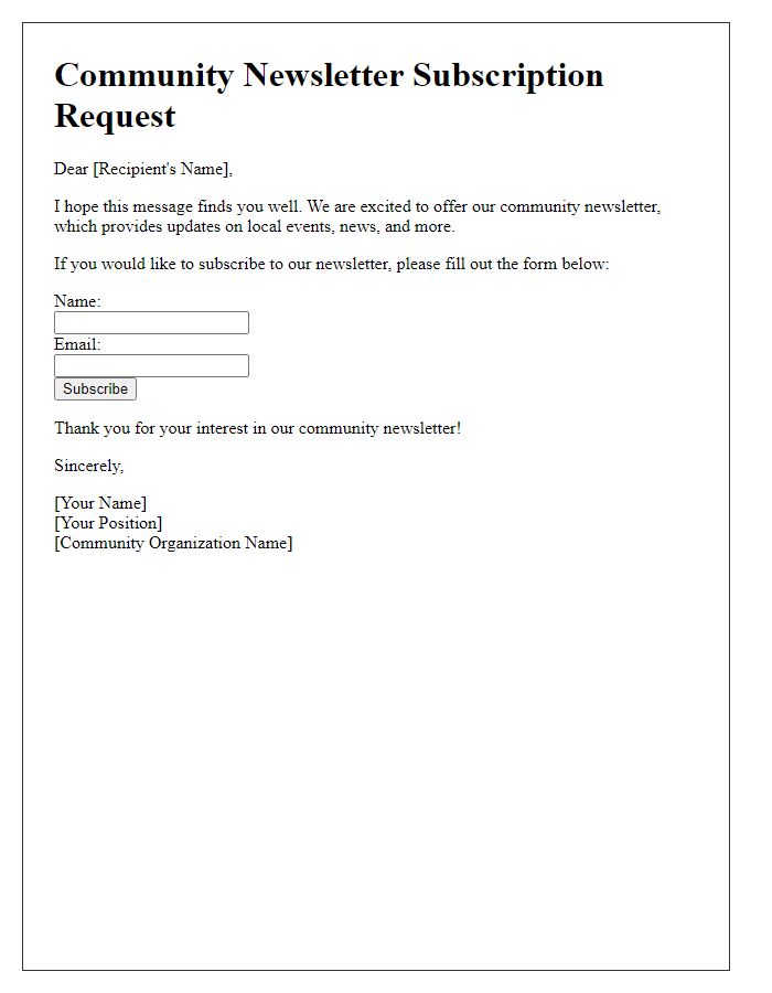 Letter template of a community newsletter subscription request