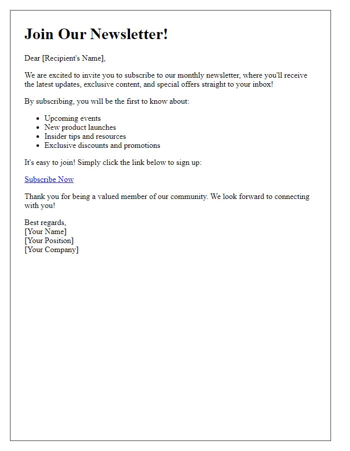 Letter template of an email newsletter subscription invitation