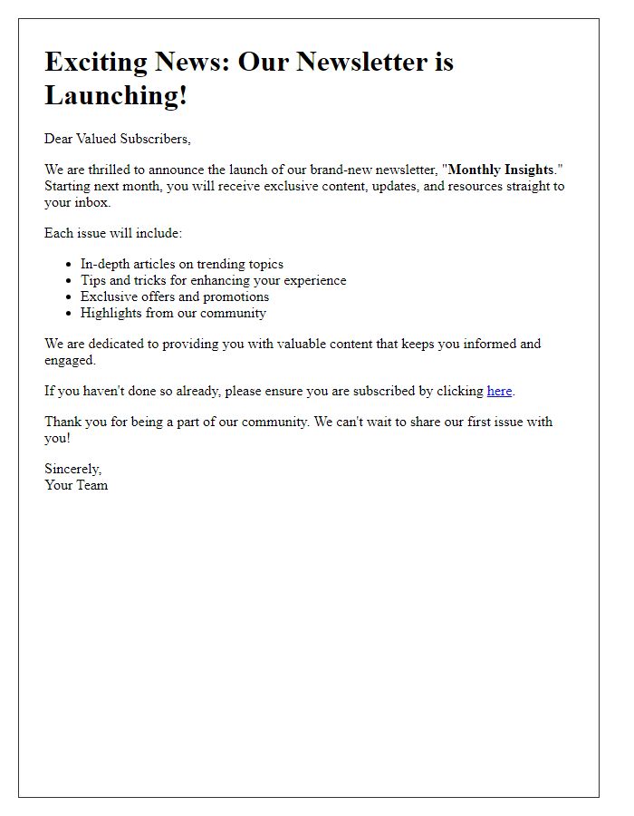 Letter template of a newsletter launch announcement